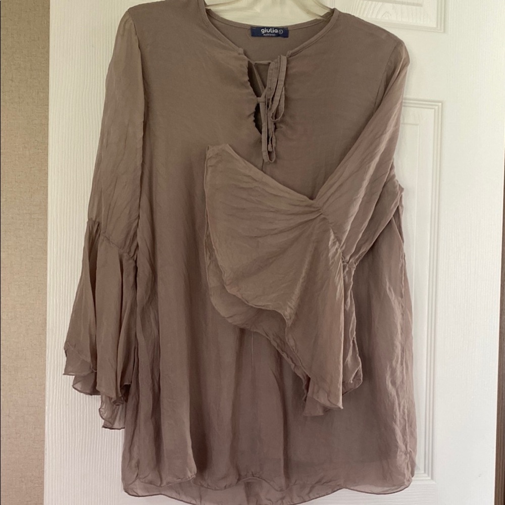 Giulia's Tan Blouse with Bell Sleeves and Tie Front
